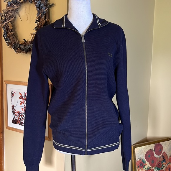 FRED PERRY Size Medium Zip-Front Track Jacket Textured Stripe Body Wool Cotton